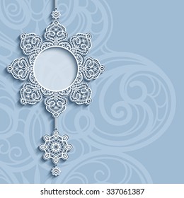 Elegant lace pendant on ornamental neutral background, mandala, snowflake, lacy Christmas decoration, greeting card, invitation or announcement template, vector eps10