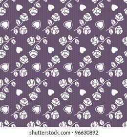 Elegant lace violet vector pattern with roses and hearts