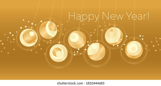 Elegant laconic modern style gold xmas baubles for card, header, invitation, poster, social media, post publication. Geometric luxury horizontal card for winter holiday
