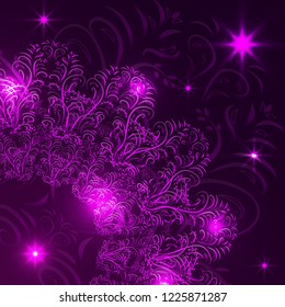 Elegant lacy ornament on a dark background. Inner light, sparks. Stylish decorative design. Vector illustration.