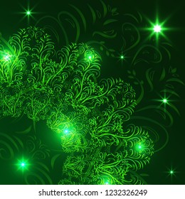 Elegant lacy ornament on a dark background. Inner light, sparks. Stylish decorative design. Vector illustration.