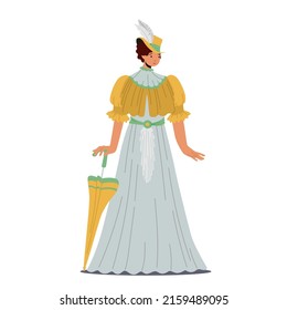 Elegante dama con bello vestido de época, moda del siglo XIX, mujer victoriana con vestido largo y sombrero aislado en fondo blanco. Carácter femenino europeo. Ilustración de vectores de personas de caricatura