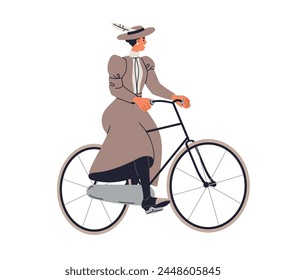 Elegant lady cycling in 19th century dress and hat. Noble woman riding retro bike. Female aristocrat on bicycle of historic Victorian era. Flat vector illustration isolated on white background