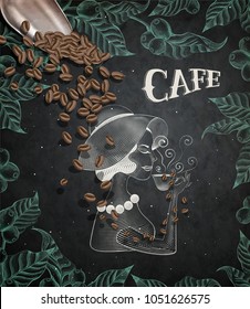 Elegant lady drinking coffee in engraving style, leaves and cherries frame on chalkboard background