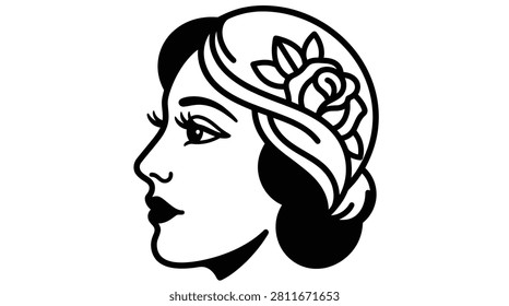 Elegant lady face side view. Classic feminine portrait with floral headpiece. Traditional tattoo style woman profile.
