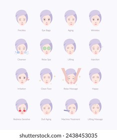 Elegant lady facial skin care face treatment. Aesthetic solution and problem, beautician, beautiful flat vector illustration icon.