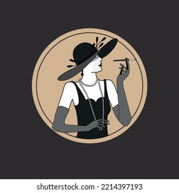 elegant lady looking to the side with pearls and hat, smoking a cigarette