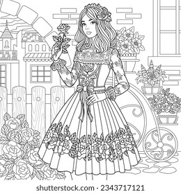 Elegant lady on the floral street. Adult coloring book page.