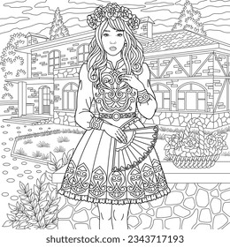 Elegant lady with a paper fan. Adult coloring book page.