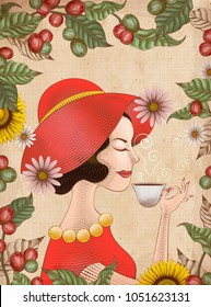 Elegant lady in red dress is drinking a cup of coffee, engraving style leaves and coffee cherries frame