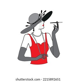 elegant lady in red dress with grey hat, smoking a sigarette