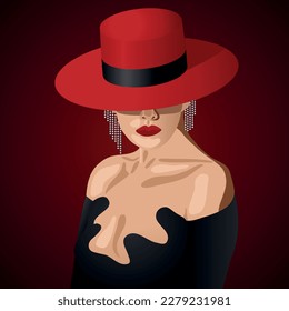 Elegant Lady in Red Hat and Black Dress vector