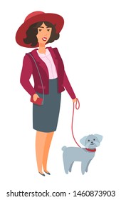 Elegant lady in a red jacket with a clutch and a small dog on a leash. The girl in a wide brim hat, skirt, and blouse. Woman smiling, looking at a viewer. Vector cartoon flat style illustration.