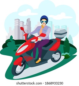 Elegant lady rides a scooter on a modern city background. A woman in a helmet on an electric motorcycle in a green zone, active lifestyle, ecological urban transport vector flat style