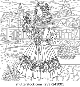 Elegant lady with a rose flower. Adult coloring book page with intricate antistress ornament