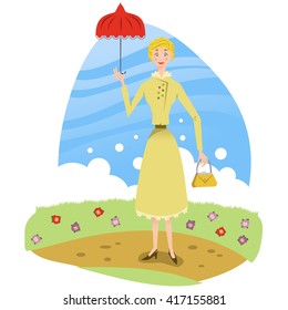 Elegant lady with sunshade on a walkway in a park (Fifties retro style)