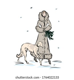 Elegant lady walking with dog. Woman holding green spruce branch. Woman in winter clothes in vintage style. Victorian old fashion. People of 19th century. 