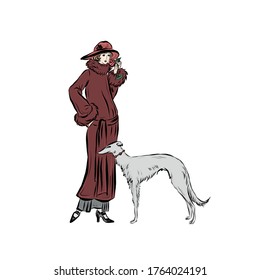 Elegant lady walking with dog. Woman in winter clothes in vintage style. Victorian old fashion. People of 19th century. 