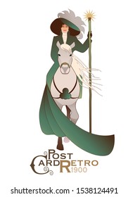 Elegant lady wearing hat and vintage clothes on horseback, holding a wand with a luminous star isolated on white background