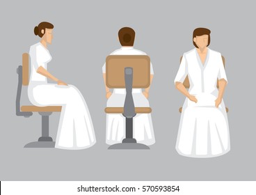 Elegant lady wearing white long gown sitting with a straight back on a swivel chair in front, side and back view. Vector illustration of cartoon character isolated on plain background.