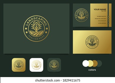 Elegant Landscaping With People And Tree Logo Design And Business Card