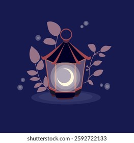 Elegant lantern with a glowing crescent moon, set against a deep blue night. Perfect for Ramadan and Eid themes