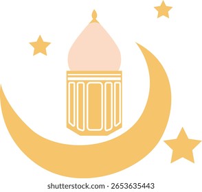 Elegant lantern inside golden crescent moon with stars, suitable for greeting cards, banners, or Ramadan and Eid celebration themes.
