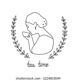 Elegant lasy drinking tea, tea time logo, leaves branches isolated on white background