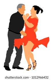 Elegant latino dancers couple vector illustration isolated on white background. Mature tango dancing people in ballroom night event. Senior party. Wedding ceremony. Couple in love leafing and enjoy.