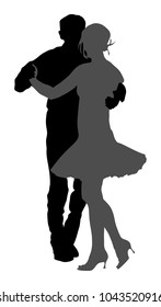 Elegant Latino Dancers Couple Vector Silhouette Isolated On White Background. Mature Tango Dancing People In Ballroom Night Event. Senior Dancer Party. Tango Dance. Closeness And Love Concept.