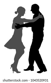 Elegant Latino Dancers Couple Vector Silhouette Isolated On White Background. Mature Tango Dancing People In Ballroom Night Event. Senior Dancer Party. Tango Dance. Closeness And Love Concept.