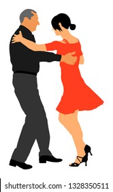 Elegant Latino Dancers Couple Vector Illustration Isolated On White Background. Mature Tango Dancing People In Ballroom Night Event. Senior Dancer Party. Tango Dance. Closeness And Love Concept.