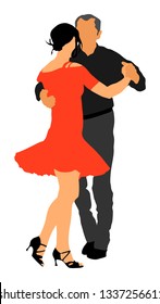 Elegant Latino Dancers Couple Vector Illustration Isolated On White Background. Mature Tango Dancing People In Ballroom Night Event. Senior Dancer Party. Tango Dance. Closeness And Love Concept.