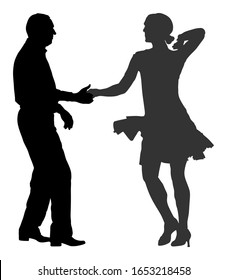 Elegant Latino dancers couple vector silhouette illustration isolated on white background. Mature tango dancing people in ballroom night event. Senior dancer party. Tango dance. Closeness and love.