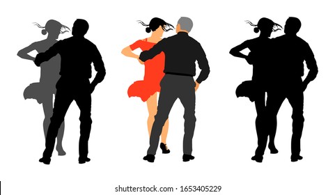 Elegant Latino Dancers Couple Vector Silhouette Illustration Isolated On White Background. Mature Tango Dancing People In Ballroom Night Event. Senior Dancer Party. Tango Dance. Closeness And Love.