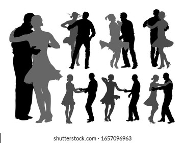 Elegant Latino dancers couple vector silhouette illustration isolated on white background. Mature tango dancing people in ballroom night event. Senior dancer party. Tango dance. Closeness and love.