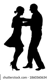 Elegant Latino Dancers Couple Vector Silhouette Isolated On White Background. Mature Tango Dancing People In Ballroom Night Event. Senior Dancer Party. Tango Dance. Closeness And Love Concept.