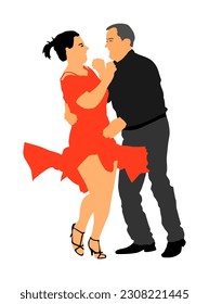 Elegantes bailarinas latinas pareja ilustración vectorial aislada en fondo blanco. Tango maduro bailando en el evento de la noche en el salón de baile. Parte superior. Ceremonia de bodas. Pareja con folletos de amor y disfruta.