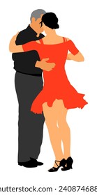 Elegantes bailarinas latinas pareja ilustración vectorial aislada en fondo blanco. Tango maduro bailando en el evento de la noche en el salón de baile. Parte superior. Ceremonia de bodas. Pareja con folletos de amor y disfruta.