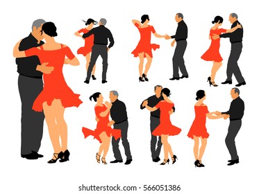 Elegant Latino Dancers Couple Vector Illustration Isolated On White Background. Group Of Mature Tango Dancing People In Ballroom Night Event.