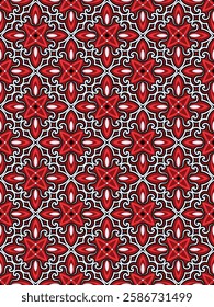 Elegant lattice seamless pattern in red tones. Art forms are grouped and arranged in a specific order. Vector image for print, textile, packaging, interior design and your other projects.