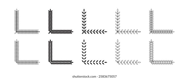 Elegant Laurel Wreath Corner Frame Floral Vector Design on White Background – Isolated Gold Laurel Leaves Border Set.