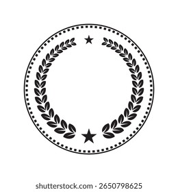 Elegant laurel wreath emblem with star accents in a circular badge frame. Perfect for awards, certificates, logos, premium labels, branding, or vintage design themes. Isolated on white.