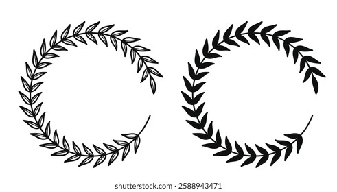 Elegant laurel wreath icon set featuring vintage-inspired designs in both flat and outline styles. 