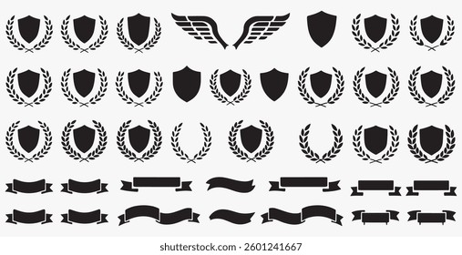 elegant laurel wreaths, shields, wings, and ribbon vector set.black-and-white vector pack of wreaths, shields, banners, and wings	
