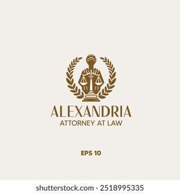 
Elegant law firm logo with scales of justice symbol, laurel wreath, and serif font. Ideal for legal branding, representing authority and trust in legal services.