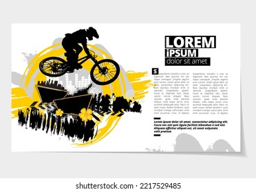 Elegant layout for sport presentation with active young person riding a bmx, vector illustartion