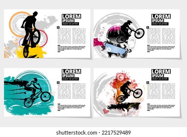 Elegant layout for sport presentation with active young person riding a bmx, vector illustartion
