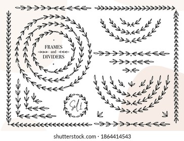 Elegant leaf circle frames, laurel and symmetrical horizontal divider set for wedding invitation or book decoration