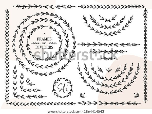 Elegant leaf\
circle frames, laurel and symmetrical horizontal divider set for\
wedding invitation or book\
decoration